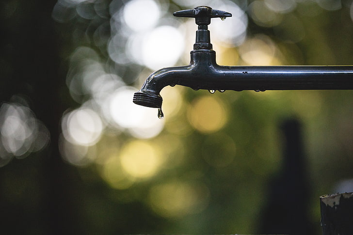 black metal faucet, crane, blur, glare, drop, wet, water, outdoors