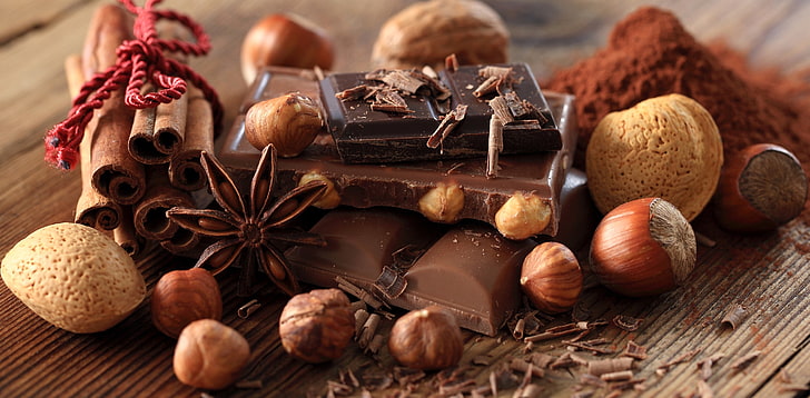 chocolate bars, spices, and nuts, black, cinnamon, dessert, slices