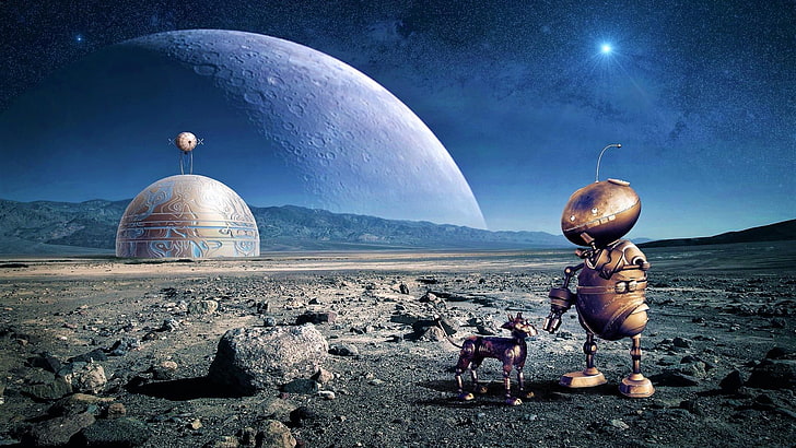 robot, fantasy, planet, scifi, sky, science fiction, space, HD wallpaper