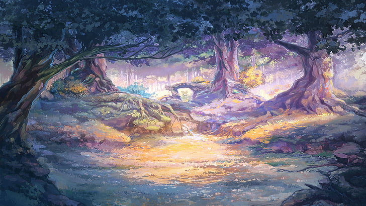 trees near body of water painting, artwork, sunlight, Everlasting Summer