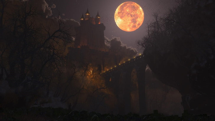 moon, castle dracula, night, sky, darkness, halloween, full moon, HD wallpaper