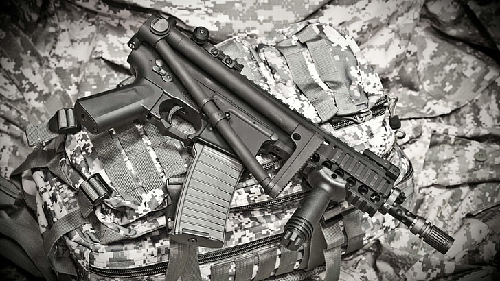 black assault rifle, gun, AR-15, SMG, Sub machine gun, monochrome, HD wallpaper