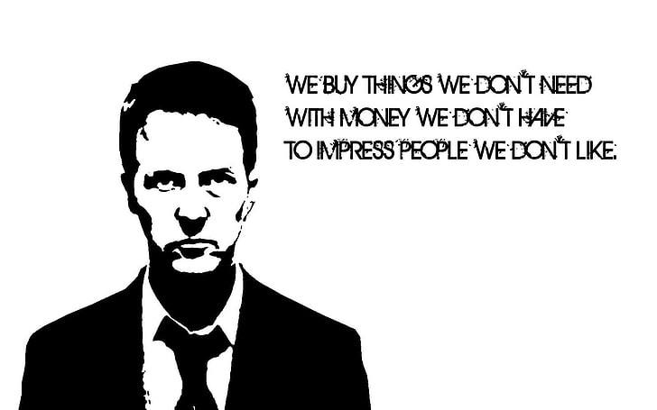white background with text overlay, quote, Fight Club, one person