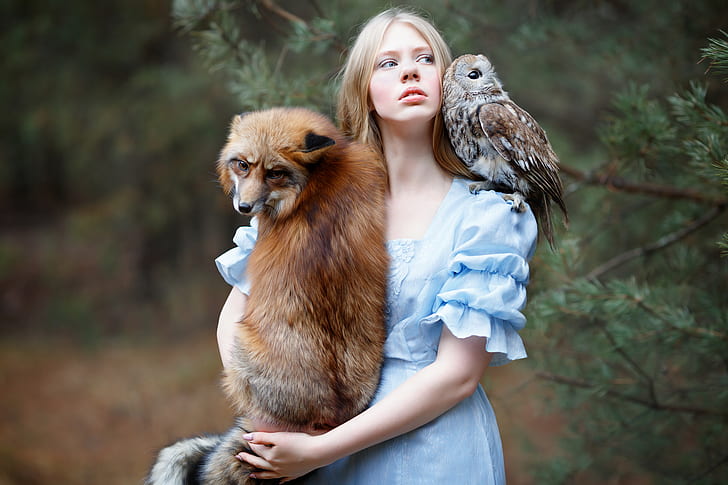 fantasy girl, animals, blonde, women, model, fox, owl, HD wallpaper