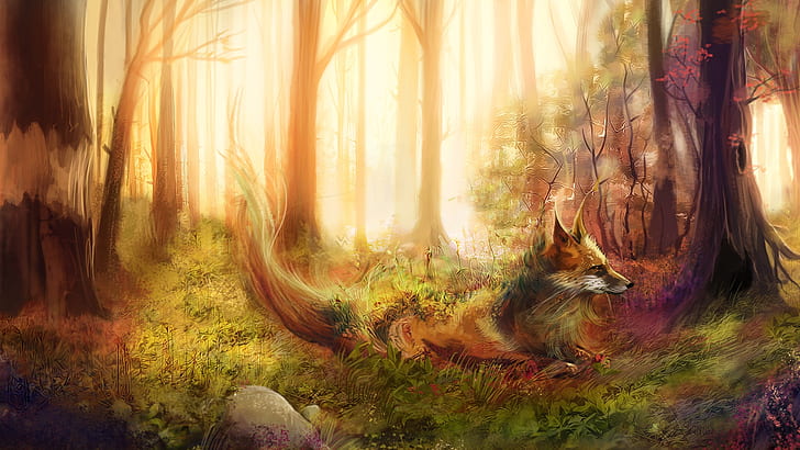 Art painting, fox, forest, trees, grass, rocks
