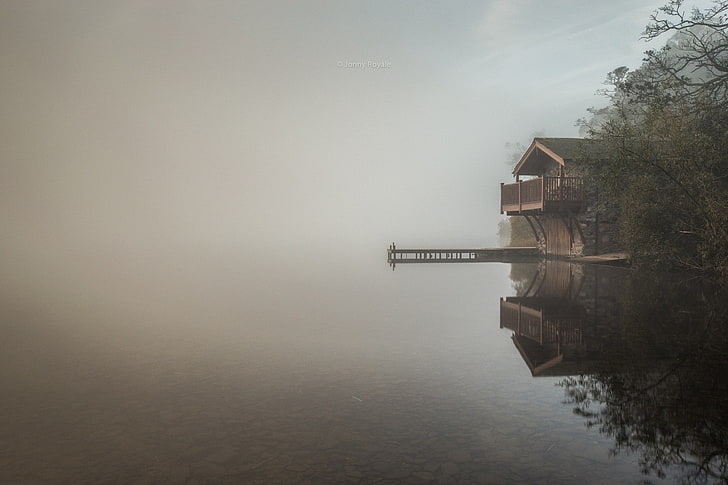 nature, landscape, lake, mist, boathouses, trees, England, water, HD wallpaper