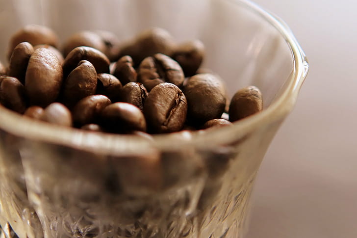 close up photo of coffee seeds in clear glass bowl, Coffee Beans, HD wallpaper