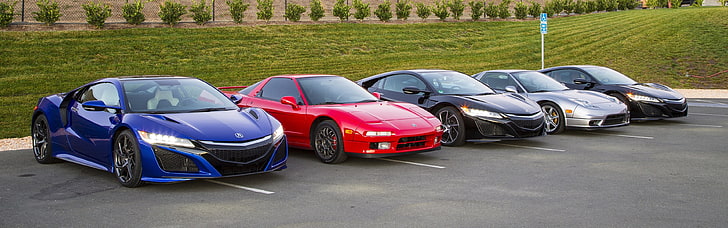 five assorted-color coupes, Acura NSX, car, vehicle, parking lot, HD wallpaper