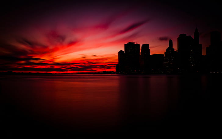sky, Manhattan, sunset, photography, water, sea, urban, city, HD wallpaper
