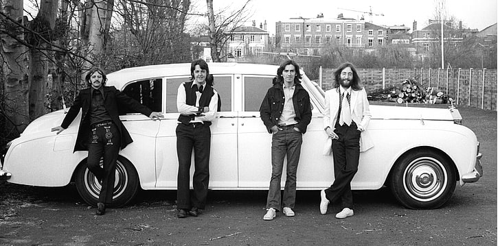 The Beatles grayscale photo, Legend, George Harrison, John Lennon