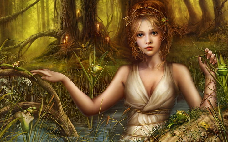 In A Pond, red head, tree, grass, woman, water, trees, fantasy, HD wallpaper