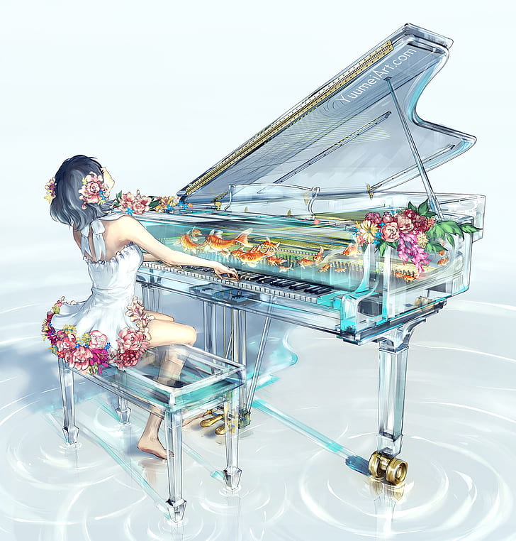 piano, anime, fish, Yuumei, HD wallpaper