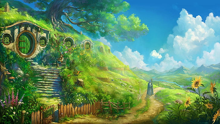 Bag End, Bilbo Baggins, landscape, sky, The Lord Of The Rings, HD wallpaper