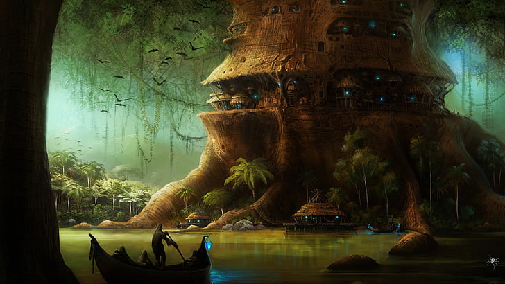 man sailing boat near tree 3D wallpaper, fantasy art, digital art