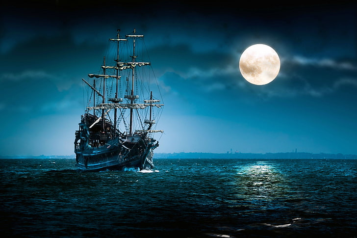black sailing ship, pirates, Moon, sea, nautical vessel, water