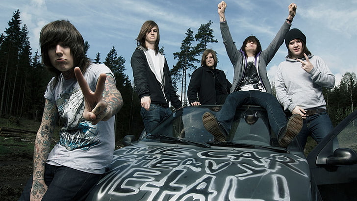 Bring Me The Horizon band, tattoo, forest, car, hood, people