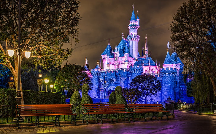 Disneyland Sleeping Beauty Castle, blue and pink castle, United States