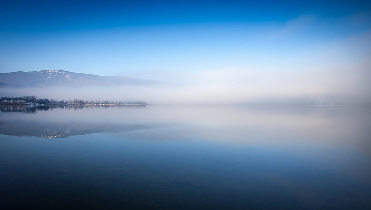 the sky, fog, lake, France, morning, Annecy, HD wallpaper