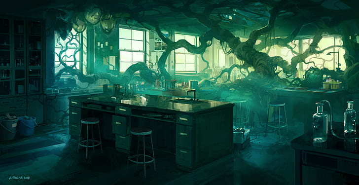 Andreas Rocha, nature, trees, twigs, laboratories, chair, table, HD wallpaper