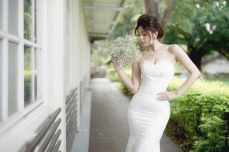white dress, flowers, Asian, women, model, one person, young adult