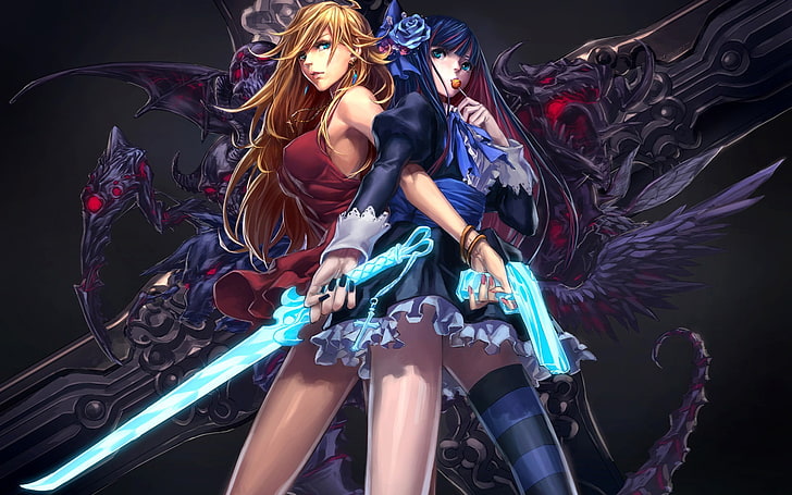 two female characters, anime girls, katana, demon, gun, Anarchy Panty, HD wallpaper