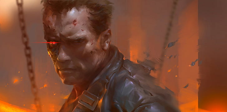 Arnold Schwarzenegger, fire, drawing, Terminator 2, chains, HD wallpaper
