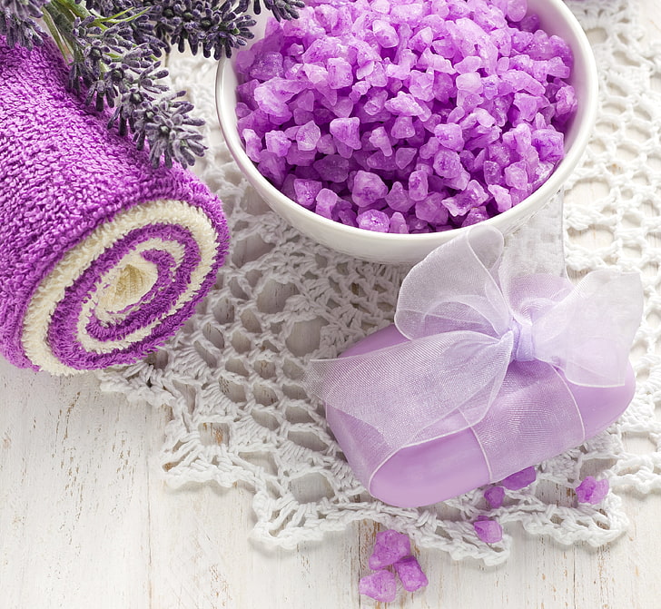purple ribbons, towel, soap, relax, Cup, flowers, lavender, Spa