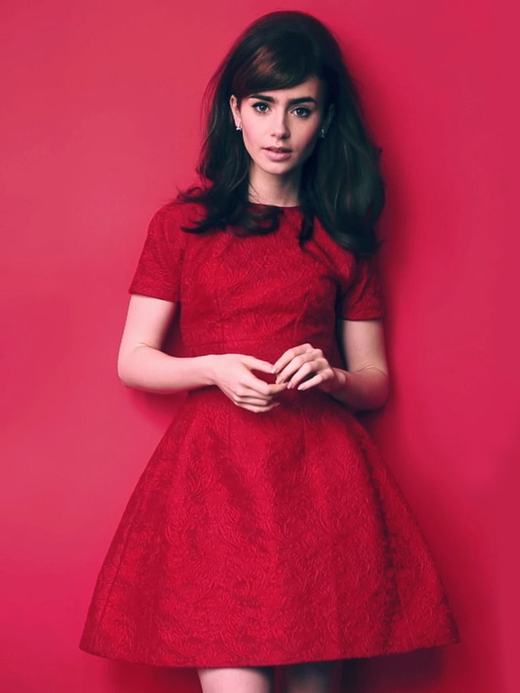 Lily Collins, women, upscaled, actress, red dress, brunette, HD wallpaper