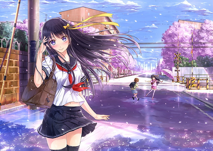 anime girls, school uniform, original characters, thigh-highs, HD wallpaper