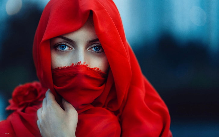 women, face, blue eyes, red, scarf, veils, model, portrait, HD wallpaper