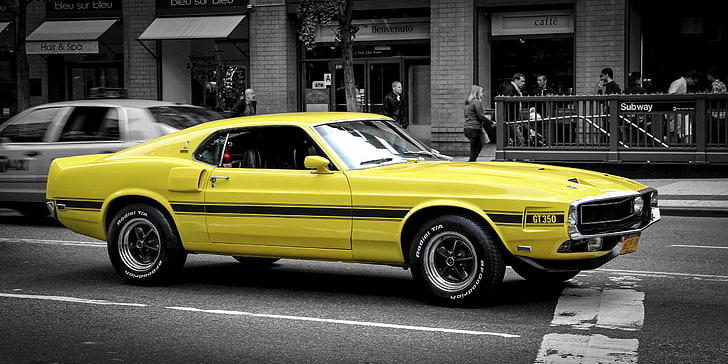 yellow and black muscle car, ford mustang, gt, side view, transportation