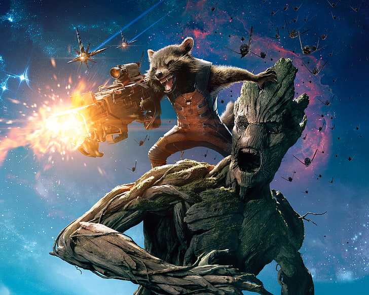 Guardians of the Galaxy Rocket and Groot, Heroes, Clouds, Sky, HD wallpaper