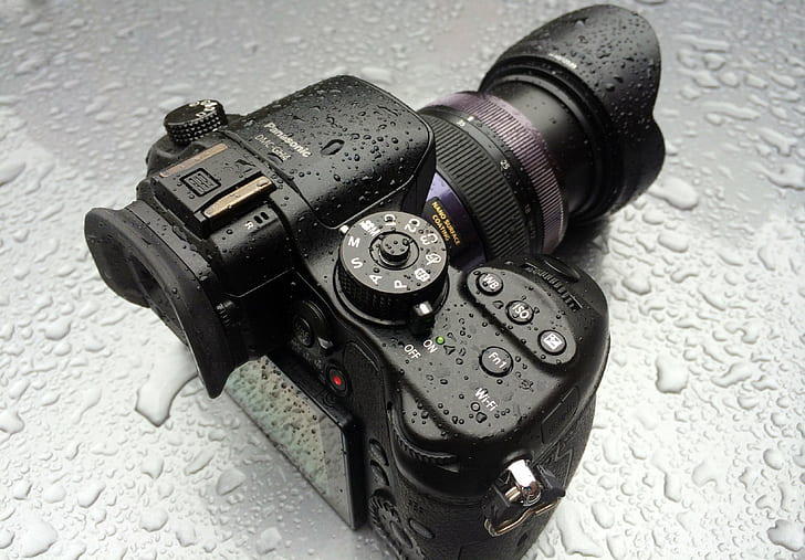 black Panasonic DSLR camera, Panasonic GH4, Wet Weather, Weather Resistant, HD wallpaper