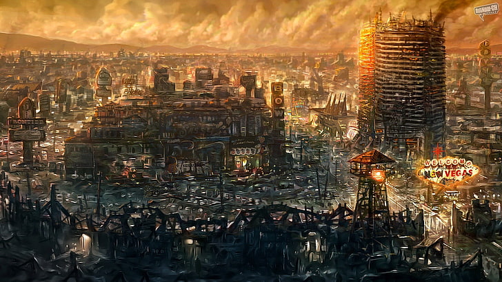 animated illustration of buildings, Fallout: New Vegas, video games, HD wallpaper