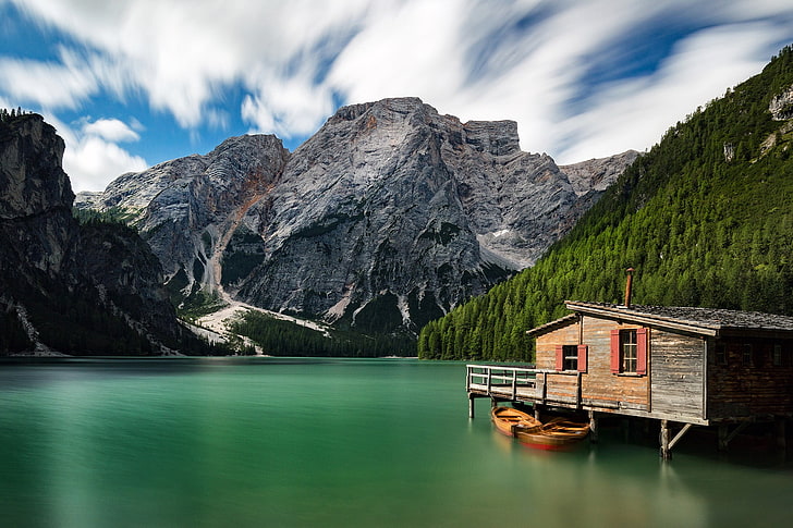 mountains, lake, boats, Italy, house, The Dolomites, South Tyrol, HD wallpaper