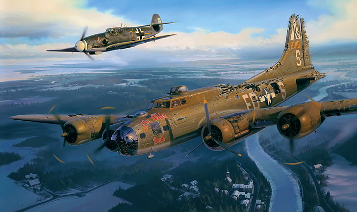two brown aircraft illustrations, war, art, airplane, painting, HD wallpaper