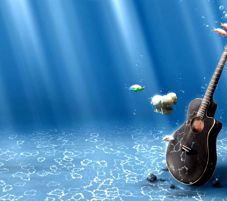 guitar, underwater, fish, blue, music, arts culture and entertainment