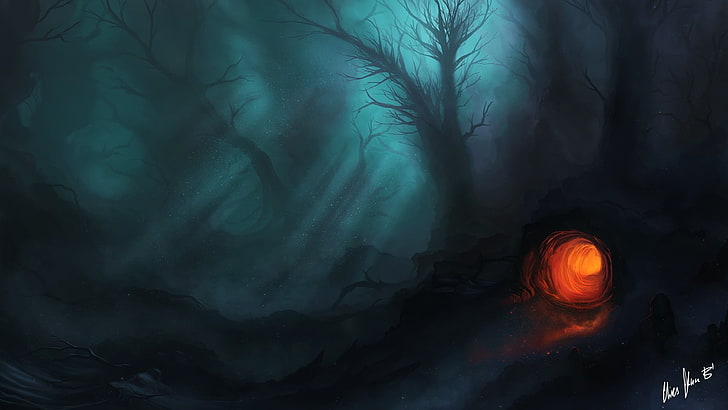 lighted cave surrounded by trees painting, dark fantasy, fantasy art