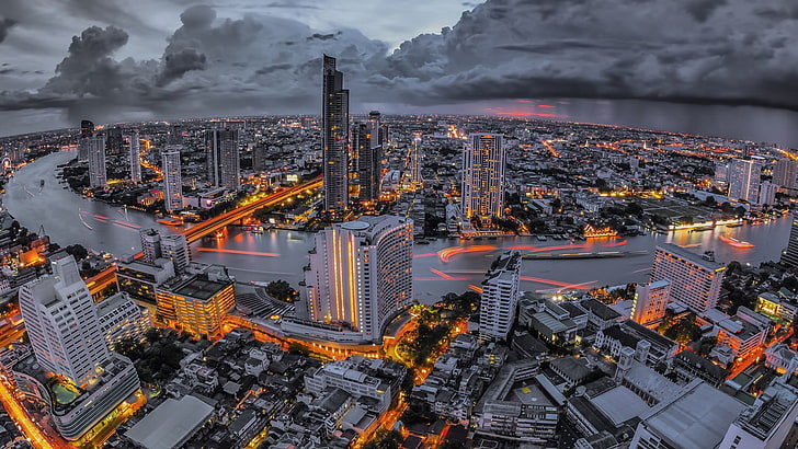 city skyline, cityscape, Thailand, Bangkok, city lights, river