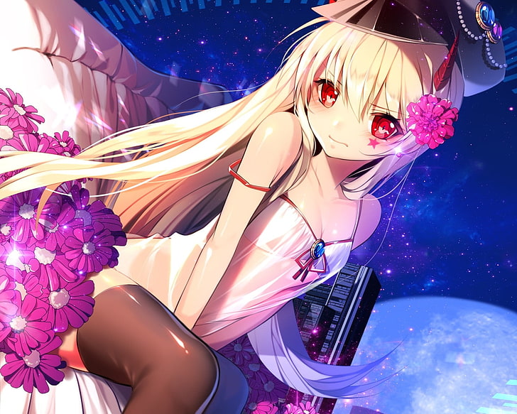 flowers, anime girls, red eyes, Unleashed (game), thigh-highs, HD wallpaper