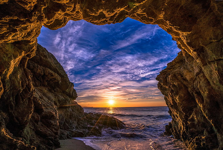 coast, 5K, ocean, beach, Malibu, sky, sunset, California, HD wallpaper