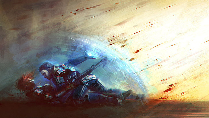 two men fighting painting, Mass Effect, concept art, video games, HD wallpaper
