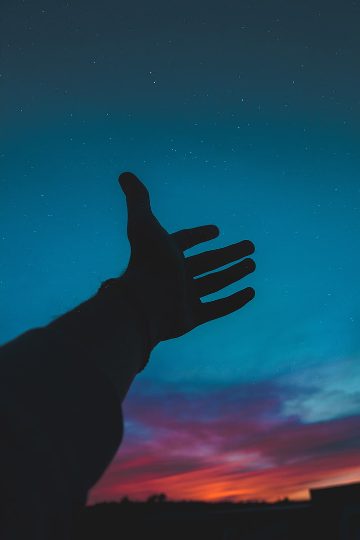 person's left hand, sky, silhouette, human Hand, blue, human Finger