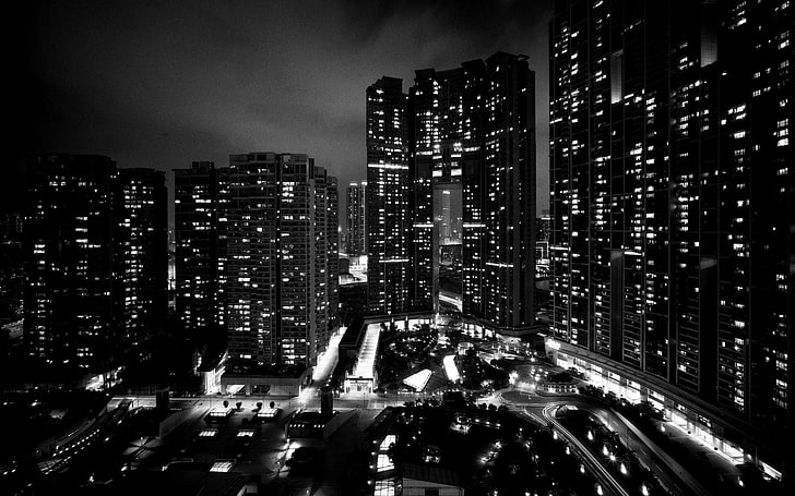 city buildings, photography, urban, monochrome, night, lights, HD wallpaper