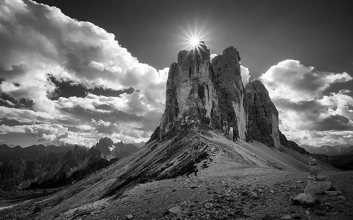 Landscape, Nature, Summer, Mountain, Monochrome, Clouds, Sun Rays, Alps, Italy, HD wallpaper