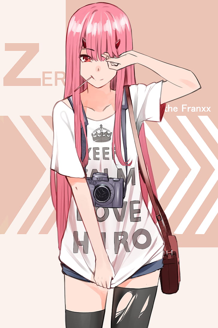 Darling in the FranXX, anime girls, pink hair, smiling, red eyes