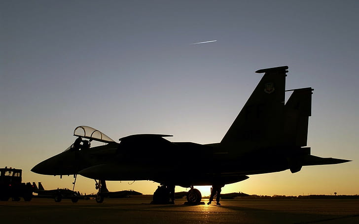 airplane, silhouette, contrails, F-15 Eagle, jet fighter, military
