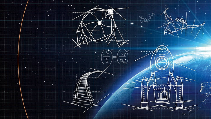space ship illustration, digital art, universe, stars, planet