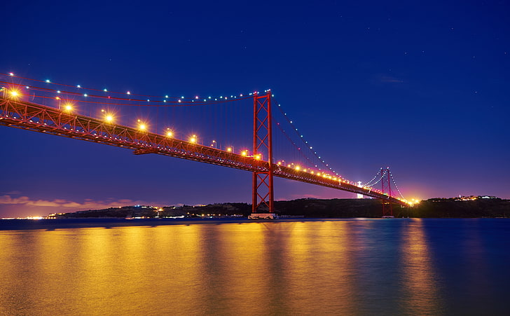 25 de Abril Bridge, Night, Tagus River, Portugal, Golden Gate, HD wallpaper