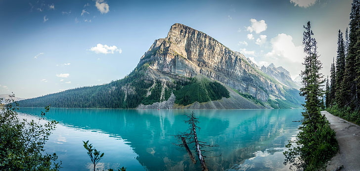 lake, hills, mountains, water, sky, trees, forest, Canada, Lake Louise, HD wallpaper